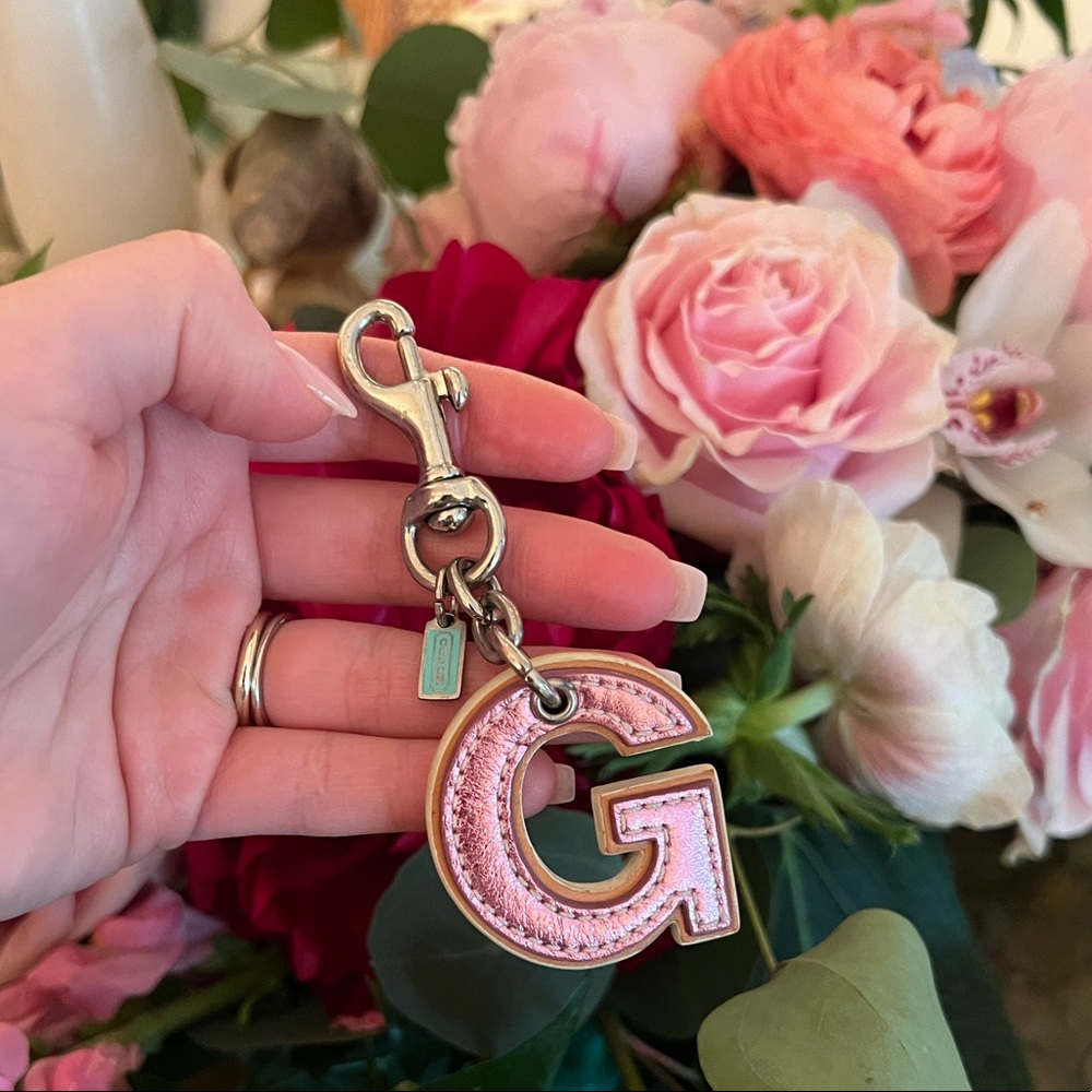 Coach Authentic Pink Metallic Letter G Key Chain Fob w/ Leather Accents
